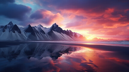 Vestrahorn mountaine on Stokksnes cape in Iceland during sunset. Amazing Iceland nature seascape. popular tourist attraction. Best famous travel locations. Scenic Image of Iceland. - obrazy, fototapety, plakaty
