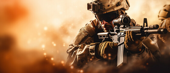 War background - Army soldier fighting with guns and defending his country.