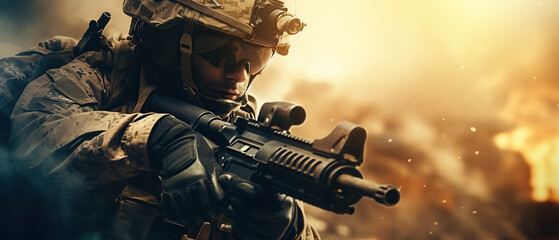 War background - Army soldier fighting with guns and defending his country.