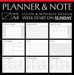 Planner note and calendar template clean and minimal design size A4, Week start on sunday