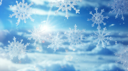 Winter weather snow snowy, chrsitmas background banner greeting card - Frame made of frozen ice crystal and snowflakes and with blue sky and sunshine.