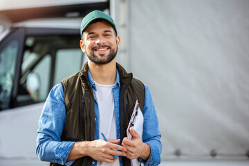 Happy confident male driver standing in front on his truck