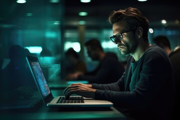 Programmer working on laptop in office, Coding and software development concept.