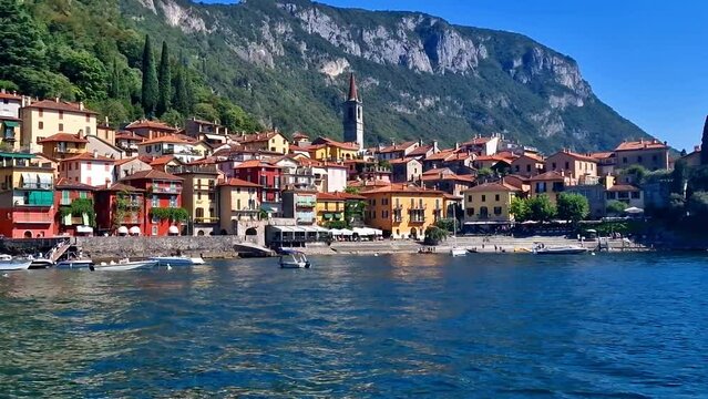 One of the most beautiful lakes of Italy - Lago di Como. 4k HD video of beautiful Varenna village, popular tourist attraction, Lombardy region
