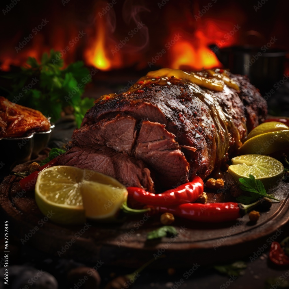 Poster a large piece of meat is showcased on a cutting board. this versatile image can be used for various 