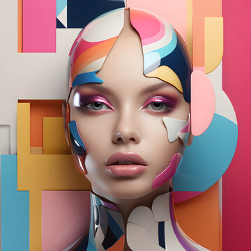 Fototapeta Beautiful futuristic pop art portrait of a girl. Wardrobe, head and background of pastel and geometric shapes
