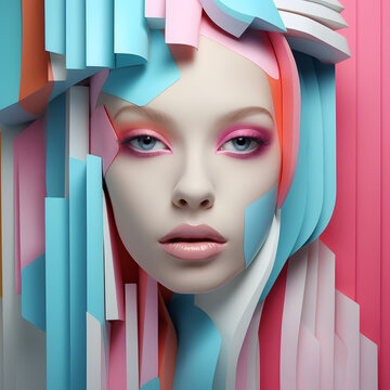 Fototapeta Modern pop art portrait in pastel colors. futuristic look of a young girl. Costume with geometric lines in blue and pink colors.