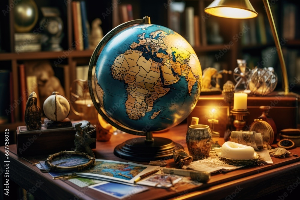 Poster a desk with a globe on top. perfect for educational and travel-related projects.