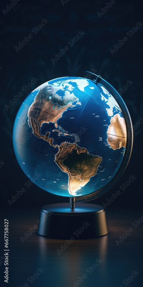 Poster a blue globe with a black base sitting on a table. suitable for educational or travel-related conten