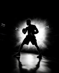epic silhouette of a boxer in a halo of white light in dark gym, original concept graphic of a boxer in fighting position 