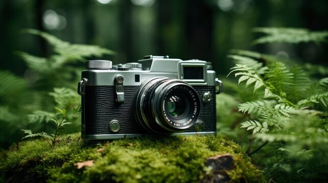 film camera with nature background, copy space, Generative AI