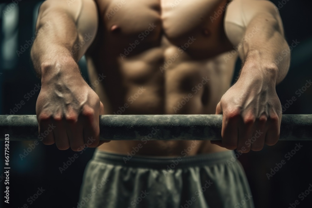Poster A close-up image of a person's hand gripping a bar. This versatile image can be used to depict concepts such as strength, determination, fitness, or even imprisonment.
