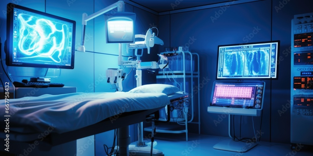 Aufkleber a hospital room with multiple monitors and a bed. suitable for medical and healthcare related projec