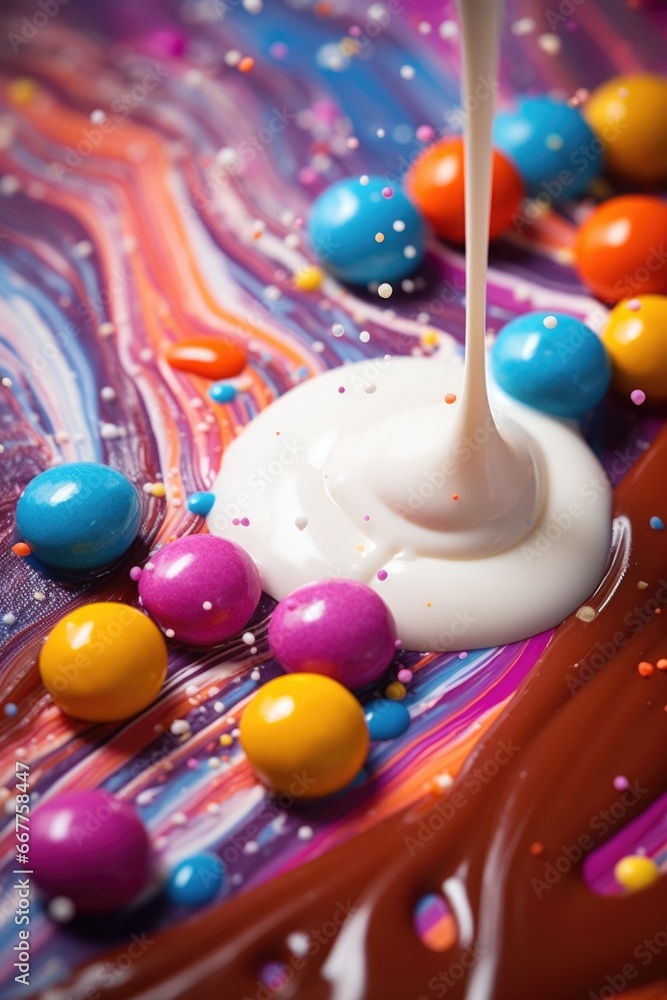 Poster a close-up view of a delicious chocolate cake covered in colorful candy. this mouthwatering dessert 