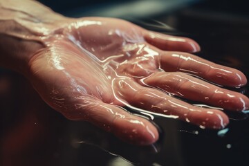 Fototapeta premium A person's hand covered in clear plastic. Can be used to depict protection, hygiene, medical procedures, or food handling.