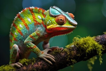 Obraz premium A colorful chameleon perched on a branch. Generative AI