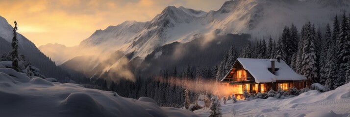Fantastic winter landscape with wooden house in snowy mountains. Christmas and winter vacations holiday concept. Generative AI - obrazy, fototapety, plakaty