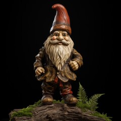 A statue of a gnome perched on top of a tree stump. This whimsical garden decoration adds a touch of magic to any outdoor space.