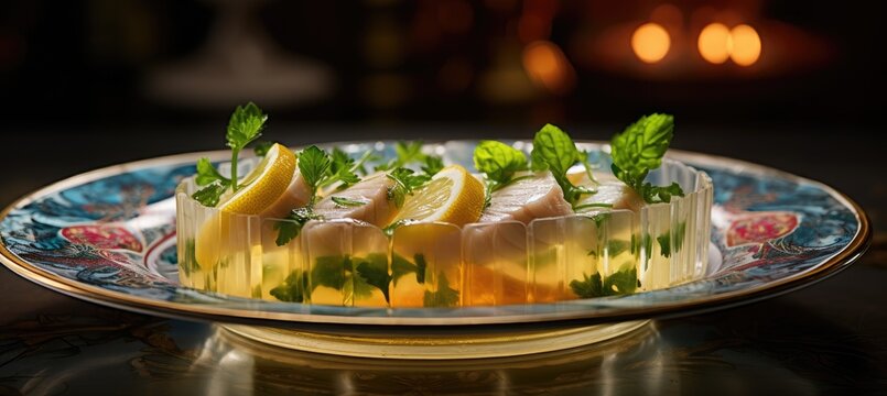 Fish in aspic with. Fish in jelly. Fish with gelatin. Generative AI