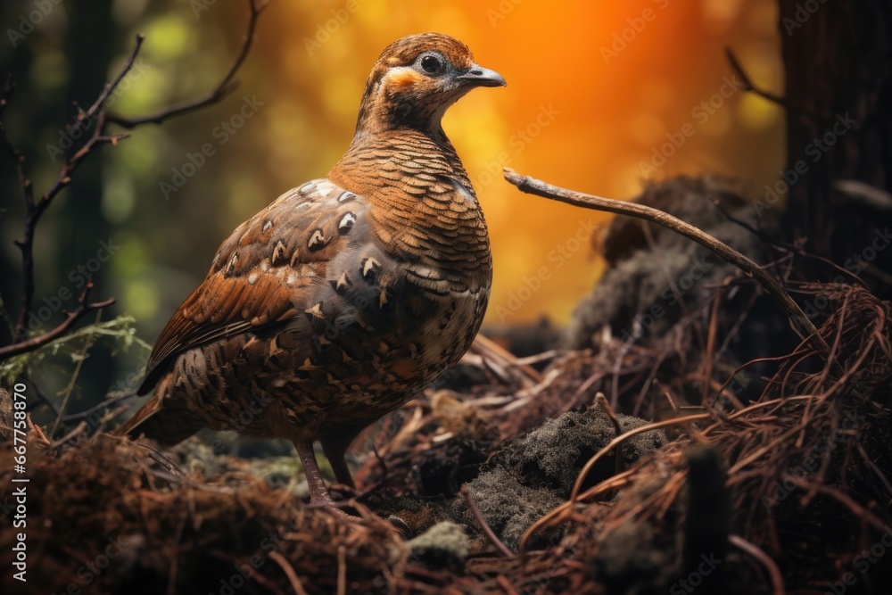 Poster a bird standing in the middle of a forest. suitable for nature-themed designs and projects.