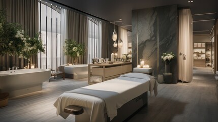 Indoor view of reflexology massage spa studio, beauty salon body care health interior design.