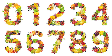 Numbers with fresh food ingredients, letters made from fruits and berries isolated on white background