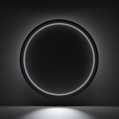 Black LED Minimalistic Round Picture Frame. Minimalistic Ring with Realistic Texture. Square Digital Illustration. Ai Generated Empty Circle on Black Background.
