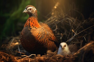 Obraz premium A bird is standing next to a baby bird in a nest. This image can be used to represent the bond between parent and child or the concept of nurturing and protection.