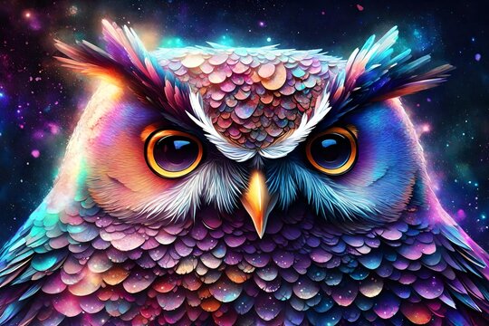 Generate an image of a mystical cosmic owl crafted from ethereal, colorful cosmic dust