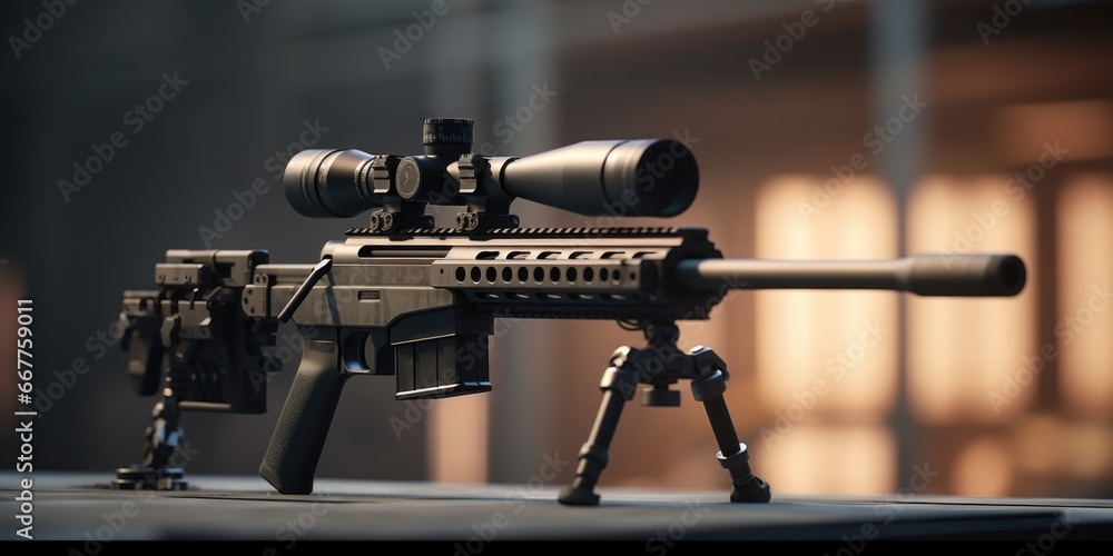 Poster a detailed close-up of a rifle resting on a table. this image can be used to illustrate firearms, hu