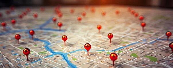 Find your way. Location marking with a pin on a map with routes. Adventure, discovery, navigation, communication, logistics, geography, transport and travel theme concept background, Generative AI