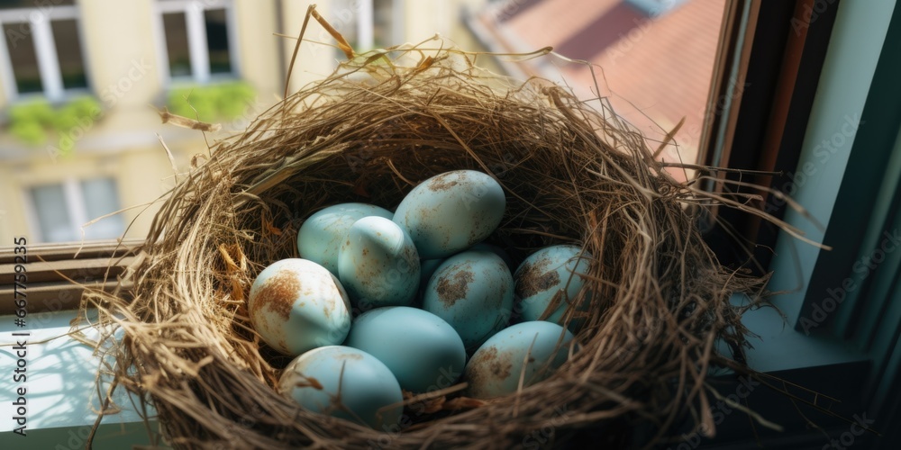 Poster a nest filled with blue eggs sitting on top of a window sill. perfect for nature and spring-themed d