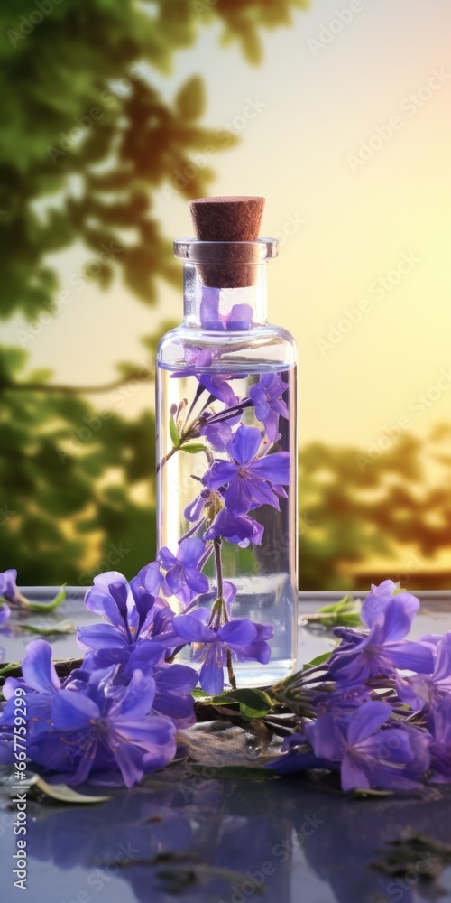 Poster a glass bottle filled with purple flowers sitting on a table. this picture can be used to add a touc