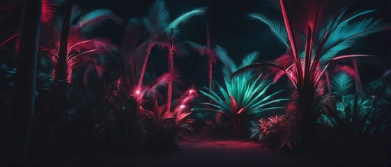 Tropical dark trend jungle in neon illuminated lighting. Exotic palms and plants in retro style