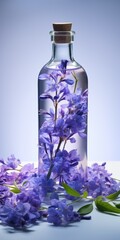 A glass bottle filled with water and adorned with vibrant purple flowers. Perfect for adding a touch of nature to any setting.