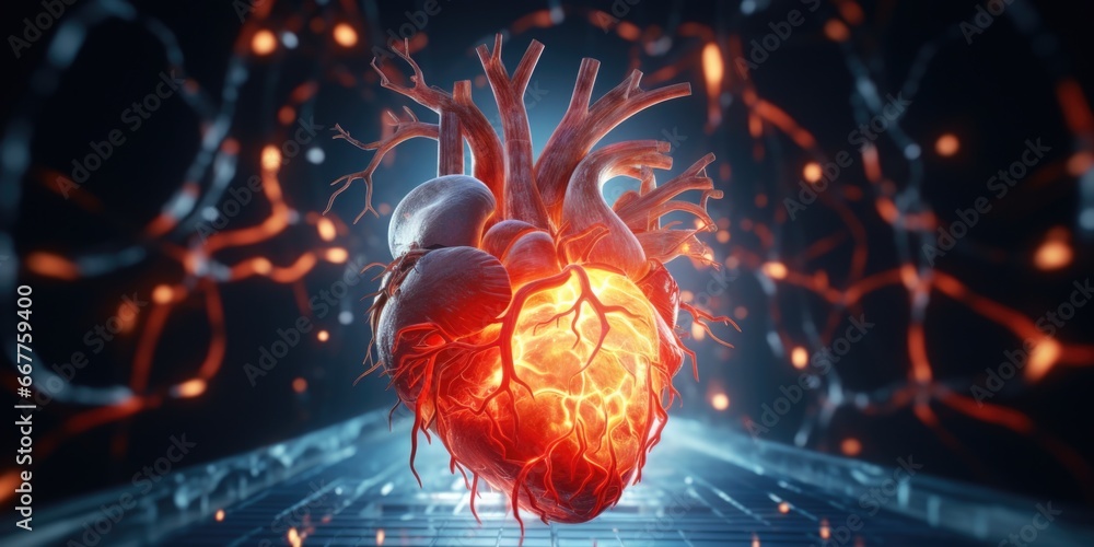 Poster A human heart is depicted in the center of the image, surrounded by a vibrant glow from the surrounding cells. 