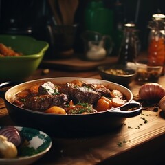 A pot of stew placed on a wooden table. This image can be used to depict a hearty meal or rustic cooking.