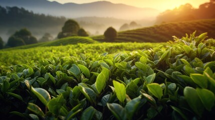 Close up view of fresh tea leaf shoots in the morning, outdoor tea farm.