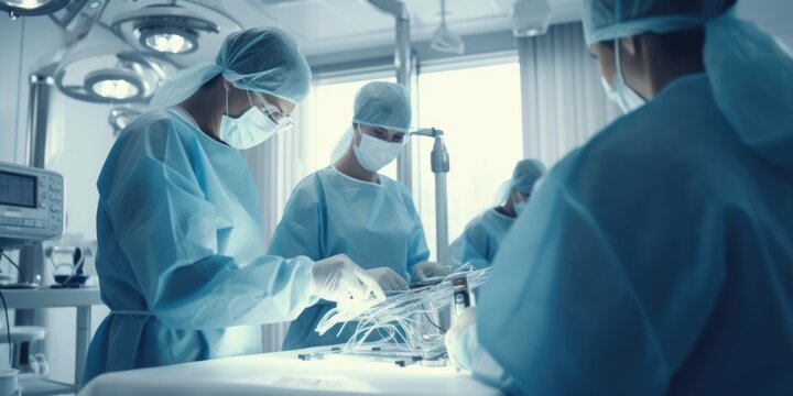 A group of surgeons performing a surgical procedure in a hospital operating room. This image can be used to illustrate medical procedures, surgical teamwork, and the healthcare industry.