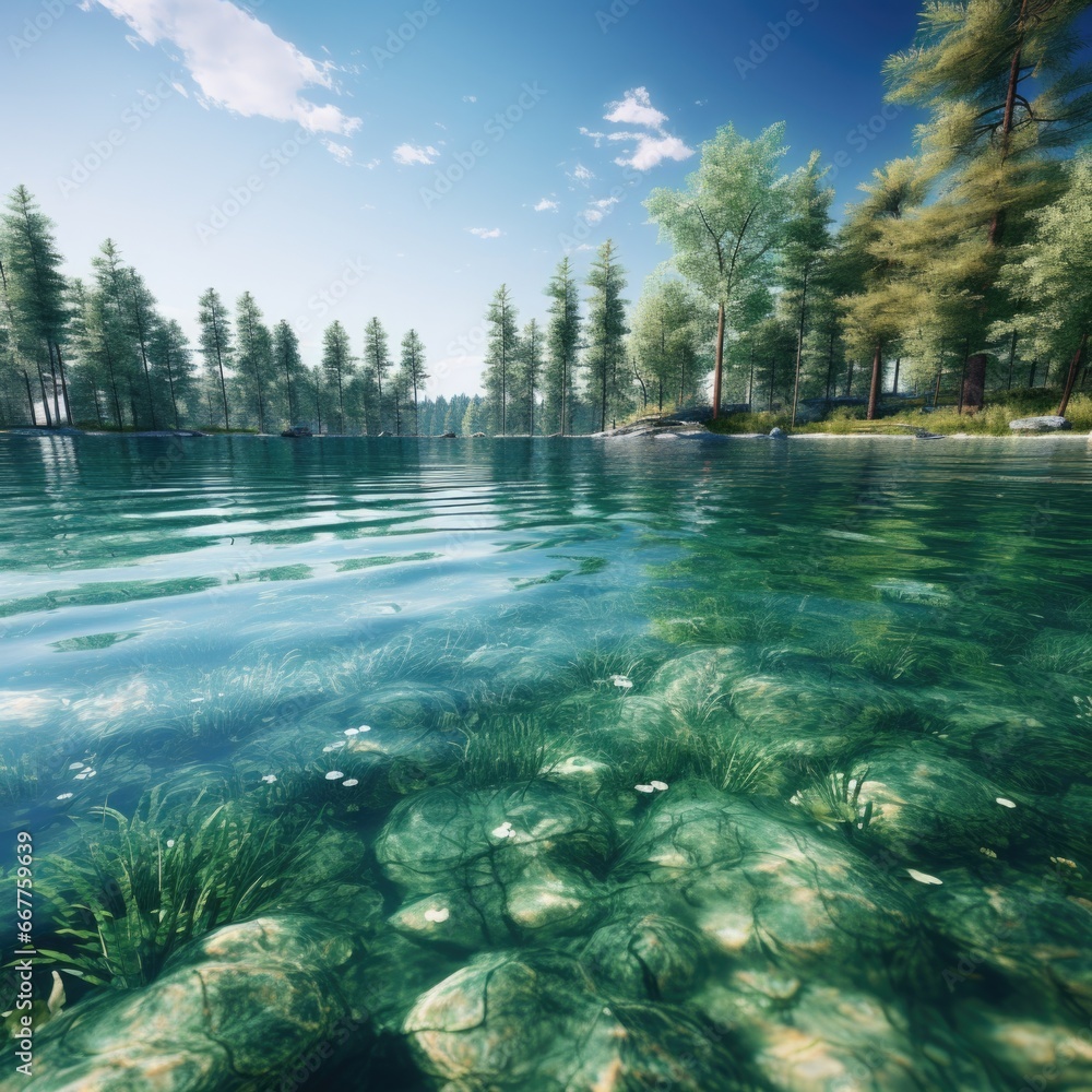 Poster a scenic view of a serene lake surrounded by rocks and trees. perfect for nature enthusiasts and lan