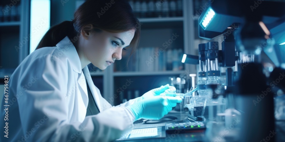 Poster a woman wearing a lab coat is diligently working on a task. this image can be used to depict scienti