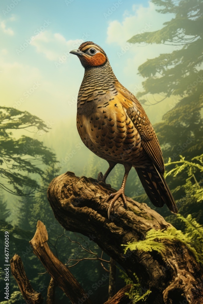 Poster A painting of a bird perched on a tree branch. This picture can be used to add a touch of nature and tranquility to any project.