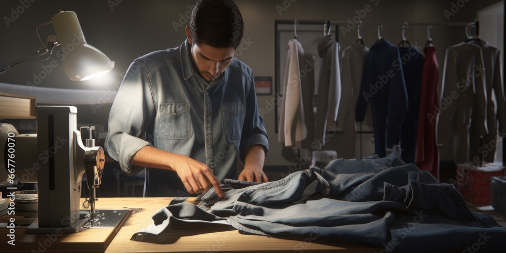 Poster a man is seen working on a sewing machine in a room. this image can be used to depict various themes