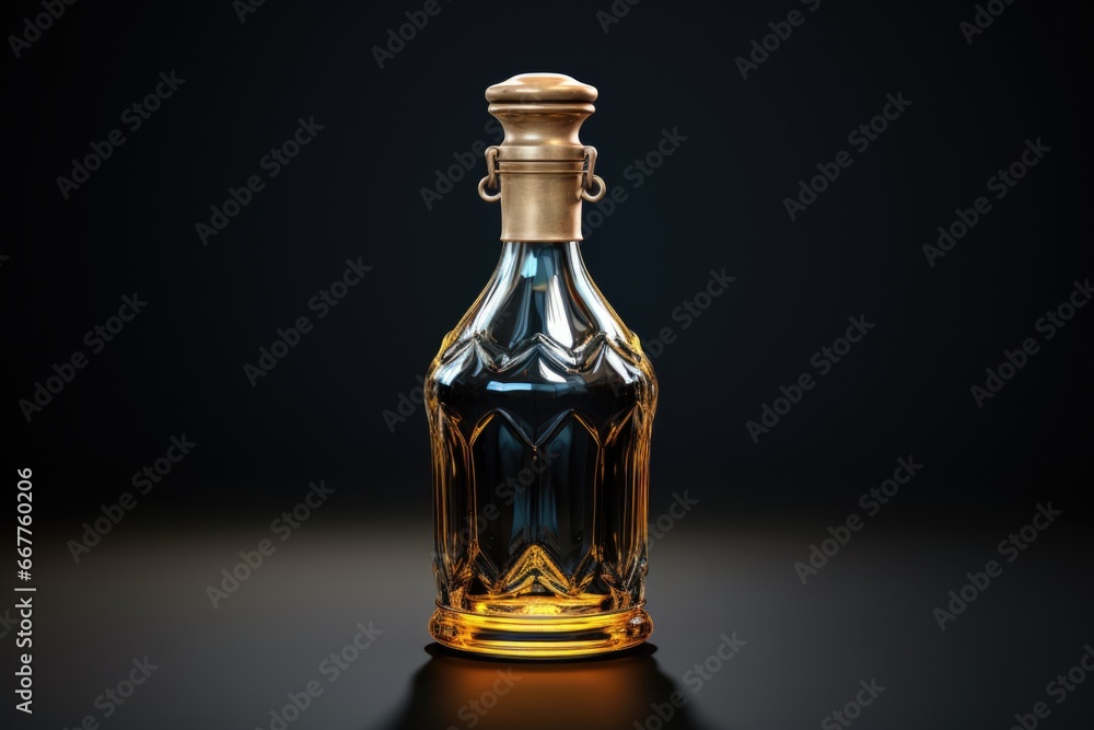 Poster a bottle of liquor is placed on a black surface. this image can be used to depict alcoholic beverage
