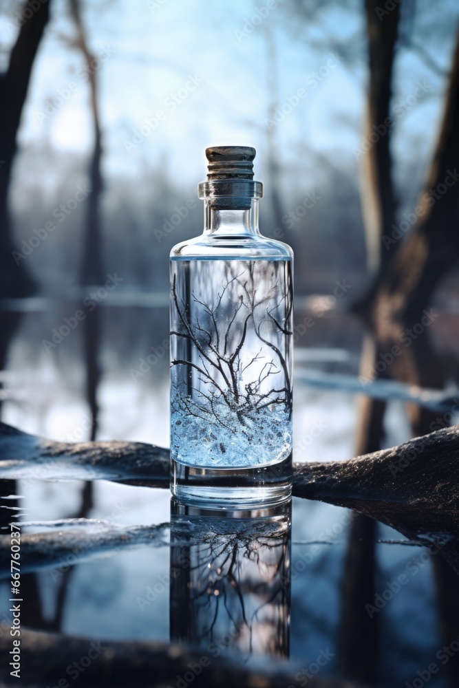 Poster a bottle of water sitting on top of a table. perfect for hydration and refreshment in various settin