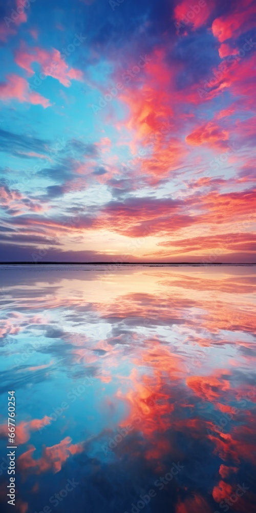 Poster a stunning sunset with vibrant colors reflecting in the calm water. perfect for adding a serene touc