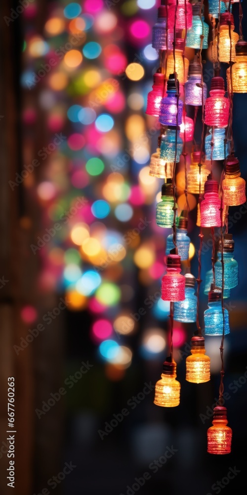 Poster A vibrant string of colorful lights hanging from a building. Perfect for adding a festive touch to any event or celebration