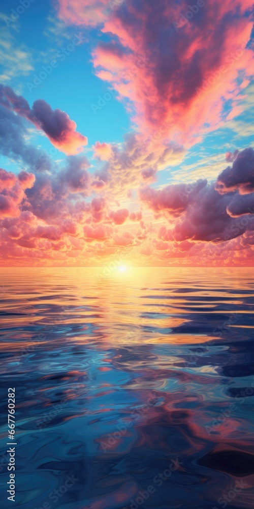 Poster a beautiful sunset over a serene body of water with fluffy clouds in the sky. perfect for adding a p