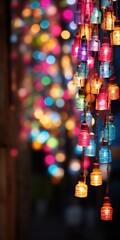Obraz premium A vibrant string of colorful lights hanging from a building. Perfect for adding a festive touch to any event or celebration