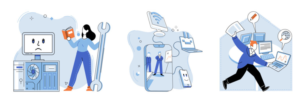 Computer troubleshooting. Vector illustration. Technical expertise is essential in resolving computer issues Software services play vital role in computer maintenance and repair Repairing computers